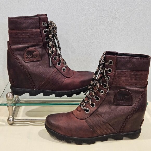 Sorel Lexi Burgandy Wedge Heel Lace Up Boots Leather Canvas Women’s Size 8.5 - Picture 1 of 11